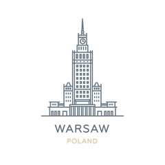 Warsaw, ‎Poland. Line icon of the city in Eastern Europe. Outline symbol for web, travel mobile app, infographic, logo. Landmark and famous building. Vector in flat design, isolated on white - obrazy, fototapety, plakaty