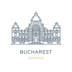 Bucharest, ‎Romania. Line icon of the city in Southeast Europe. Outline symbol for web, travel mobile app, infographic, logo. Landmark and famous building. Vector in flat design, isolated on white