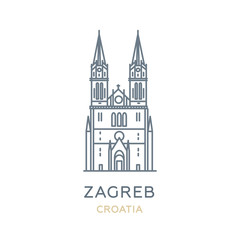 Obraz premium Zagreb, ‎Croatia. Line icon of the city in Southeast Europe. Outline symbol for web, travel mobile app, infographic, logo. Landmark and famous building. Vector in flat design, isolated on white