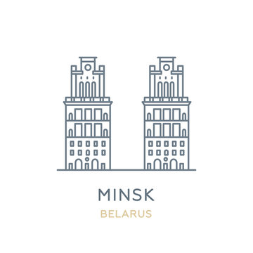 Minsk, &lrm;Belarus. Line icon of the city in Eastern Europe. Outline symbol for web, travel mobile app, infographic, logo. Landmark and famous building. Vector in flat design, isolated on white