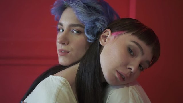 portrait of two attractive bright hair ager young womanfriends. Spbd pretty young womans in friendship hugging and looking at camera. female posing. concept bonding, beautiful woman