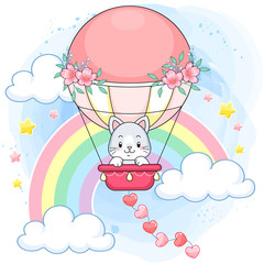 Cute pastel kitten on a pink hot air balloon in a rainbow world