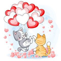 cute kittens playing together with heart air balloons