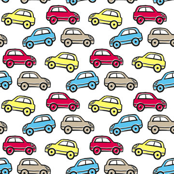 Cute funny multi-colored cartoon cars isolated on white background. Side view. Beautiful childish seamless pattern. Hand drawn vector graphic illustration. Texture.