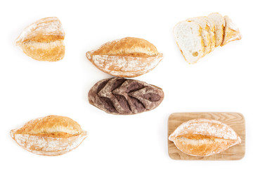 Set of fresh brown and white bread collage on white background.Wheat bread.Top view.Isolated on white