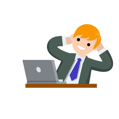 Successful businessman in suit. Gesture with hand behind head. Happy man in tie. Business or pleasure. Cartoon flat illustration. Rest at work with computer on table