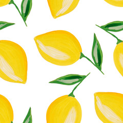 Seamless lemon pattern. Hand draw illustration of lemon fruits. Isolated on white. Acrylic painting.