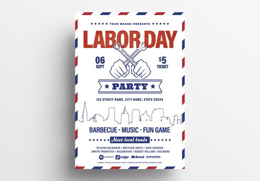 Labor Day Flyer Layout with Red and Blue Pattern