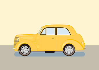 Yellow retro car in vector. Bright picture for the image on the t-shirt. Technique of a city street. Illustration of the 50s and 60s. Stylish aesthetic work. Old auto. Classic theme. 