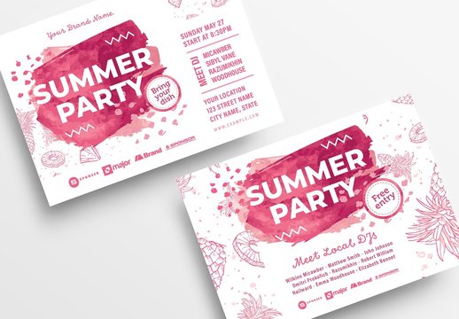 Summer Party Flyer Layout with Pink Illustrations