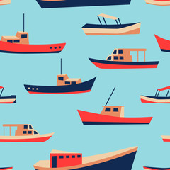 Kid pattern with cute boats. Nautical seamless background. Funny ship drawing. Fishing or sailing design. Vector