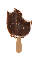 bitten chocolate-coated ice cream isolated on white