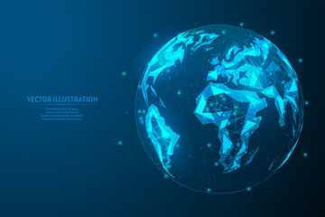 Fototapeta na wymiar Close-up view of planet earth, globe in space, continents relief. Concept of ecology, global internet, communication, business. Innovative technology. 3d low poly wireframe model vector illustration.