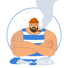 Sailor with a tattoo in a striped T-shirt and with a pipe. Seagulls, seashore complement the image of a sailor. Greeting card for holidays associated with sailors. Flat vector illustration.
