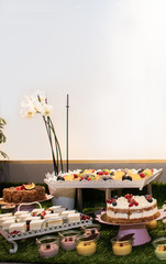 Large assortment of desserts, muffins, cakes, tarts. Candy bar during wedding reception or brunch