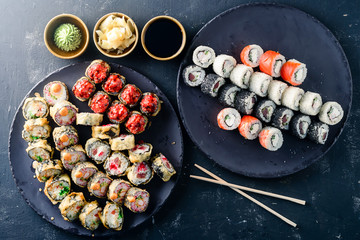 sushi set on a black table