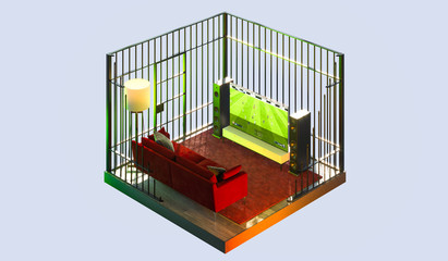 Tv Set With Football Soccer Translation at Apartments in a Cut and in Cage. Quarantine, Isolation. Feeling Like in Behind Bars. 3d Rendering