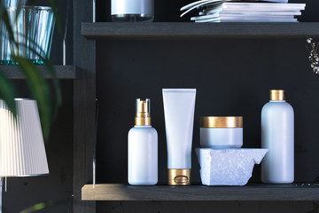 Obraz na płótnie Canvas White Cosmetic Bottle Set for Liquid, Cream, Gel, Lotion. Blank Templates of Dispenser, Cream Jar, Tube, Bottle on Wooden Shelf. 3d rendering