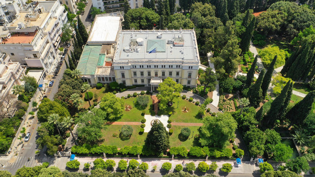 Aerial top down photo of National gardens in Amalias avenue in the heart of Athens at spring, Attica, Greece