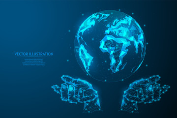 Fototapeta na wymiar Human hands holds the planet earth in zero gravity. Close up of a globe. Concept of ecology, global internet, communication, business. Innovative technology. 3d low poly wireframe vector illustration.