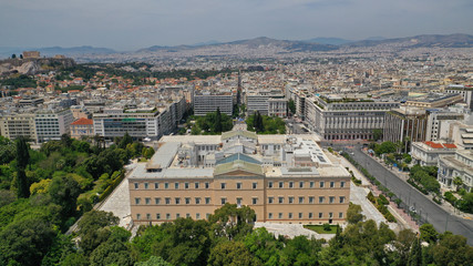 Fototapeta na wymiar Aerial drone photo of Hellenic Parliament building in Syntagma square, Athens Attica, Greece