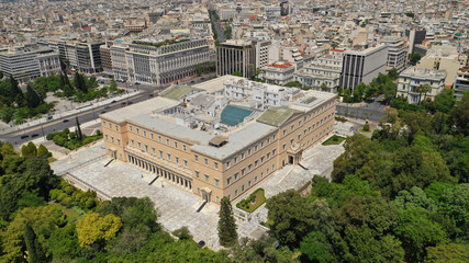 Aerial drone photo of Hellenic Parliament building in Syntagma square, Athens Attica, Greece