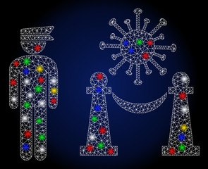 Colorful mesh virus quarantine police with glow effect. Abstract illuminated vector model of virus quarantine police icon on a dark blue gradiented background.