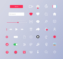 Set of elements for the interface. Universal UI/UX kit for app or web. Screen interface and icons in social media application. Music and video app icons. Colorful navigation long web button. Vector