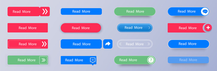 Set of vector modern material style buttons. Different colors of elements and icons. Big buttons collection. Templates for website. Web icons. Vector illustration