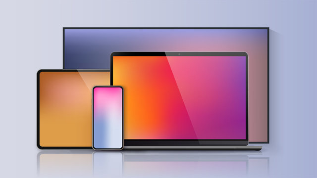 Vector minimalistic 3d illustration set device. Realistic smartphone laptop, tablet, tv. Soft color mesh gradient background. Vector isolated device screen for graphics presentations wallpaper design.