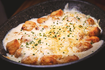Delicious gnocchi with 4 cheeses. With blue cheese sauce, parmesan gruyere and mozzarella gratin.