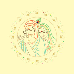 Vector illustration of Hindu deity Krishna playing flute with Radha. EPS 10 file is made in RGB color. Background square is on separate layer. File is arranged in groups and layers for easy editing.