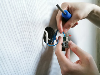 Fototapeta premium Electricians repair. Installing the outlet with a screwdriver in a concrete wall after wallpapering.