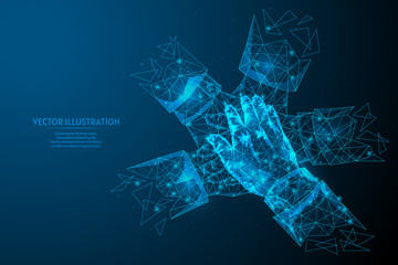 Close-up view on young business people putting hands together. The concept of teamwork, unity, support. Innovative medicine and technology. 3d low poly wireframe model vector illustration.