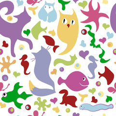 children funny doodle seamless pattern with figurines of animals and fish
