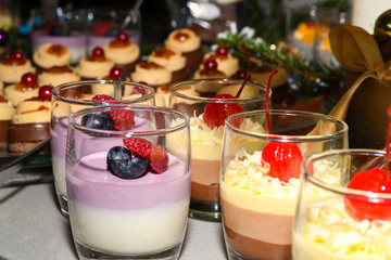 Various desserts in candy bar food buffet during hotel brunch, catering, cake pops, mousse, tarts