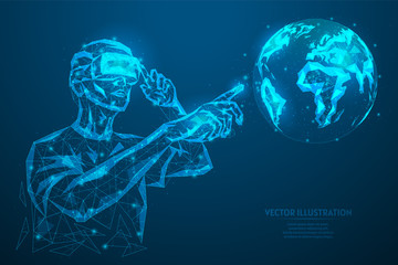 Man with glasses, helmet additional virtual reality map. Online planet diagnostics, study, formation. Innovative gaming entertainment technology. 3d low poly wireframe model vector illustration.
