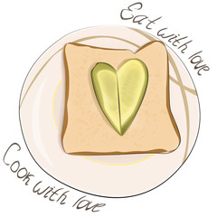 Illustration of sandwich made of bread and heart shape cucumber and text cook with love and eat with love. Suitable for cafe menu, logo or advertising or any cooking blog