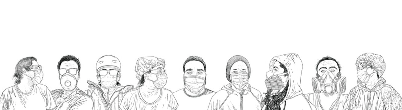 People in protective medical face masks, New Normal social concept, Crowd of men and women wearing prevention and protection from coronavirus COVID-19 virus and urban air pollution. Vector.