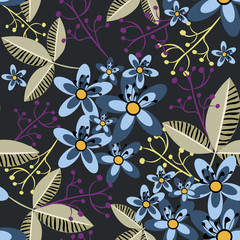 Vector floral seamless pattern. Abstract ornament texture with simple flowers, leaves, twigs, hand drawn elements. Stylish modern background in blue, green, purple and black color. Repeating design
