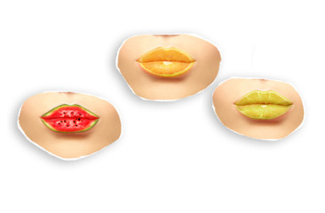 Colorful of fresh lemon slices . Photography collage.Watermelon lips.Color lips.