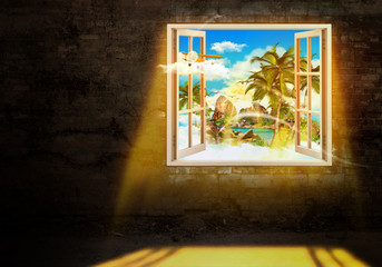 Dramatic room with window giving to a fantastic exotic island dreamland
