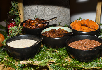 Selection self service continental breakfast buffet display, catering or brunch table food buffet