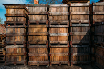 Stack of wooden boxes with goods for shipping