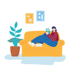 people activities, young woman sitting on sofa reading book, room with potted plant and frames