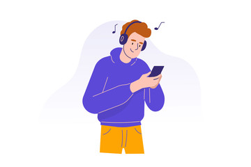 Young man using smartphone to communicate. Happy teen boy wearing headphones and listening to music with phone concept. Using portable device. Male cartoon character. Isolated flat vector illustration