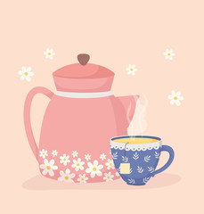 coffee time and tea, teapot and cup aroma fresh flowers decoration