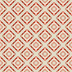 Retro geometric ornamental seamless pattern. Vector abstract texture with rhombuses, squares, triangles, diamonds, grid. Tribal ethnic motif. Folk style ornament. Beige and red vintage background