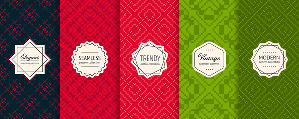 Christmas vector seamless patterns collection. Set of colorful holiday background swatches with elegant labels. Winter Nordic Scandinavian style ornament textures. Retro vintage decorative design © Olgastocker