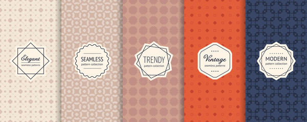 Vector geometric seamless patterns collection. Set of vintage colorful background swatches with modern minimal labels. Elegant abstract textures. Stylish retro design. Navy blue, orange, beige, brown